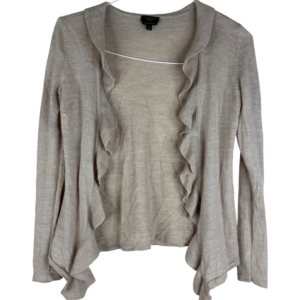 Talbots Cardigan Petites S Tan Merino Wool Ruffle Open Front Sweater Oatmeal